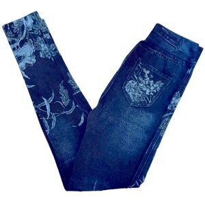 Floral Leggings Blue Faux Pockets Women’s XS.